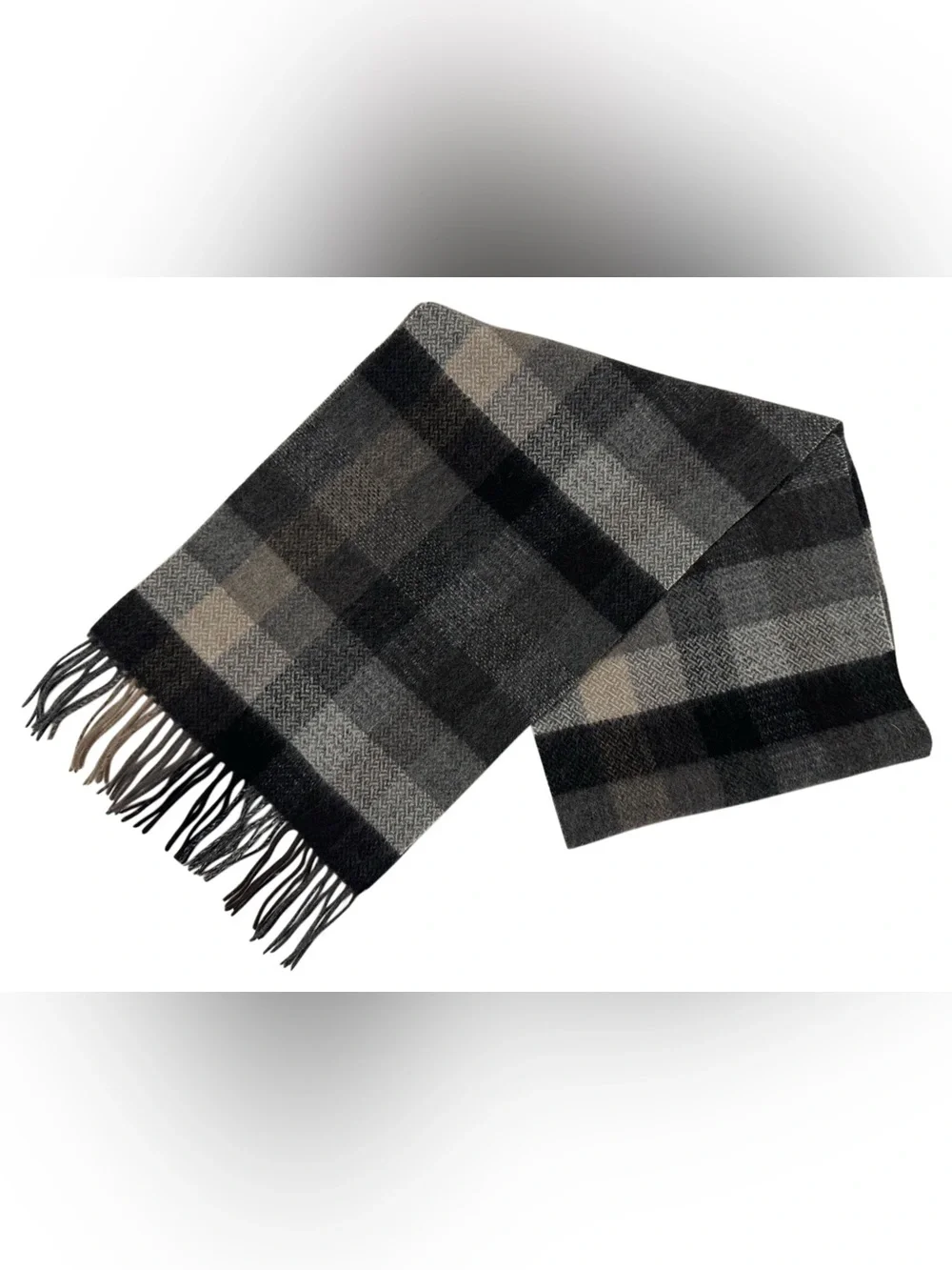 Via Condotti Roma 100% Virgin Wool Plaid Herringbone Fringe Scarf Gray Black